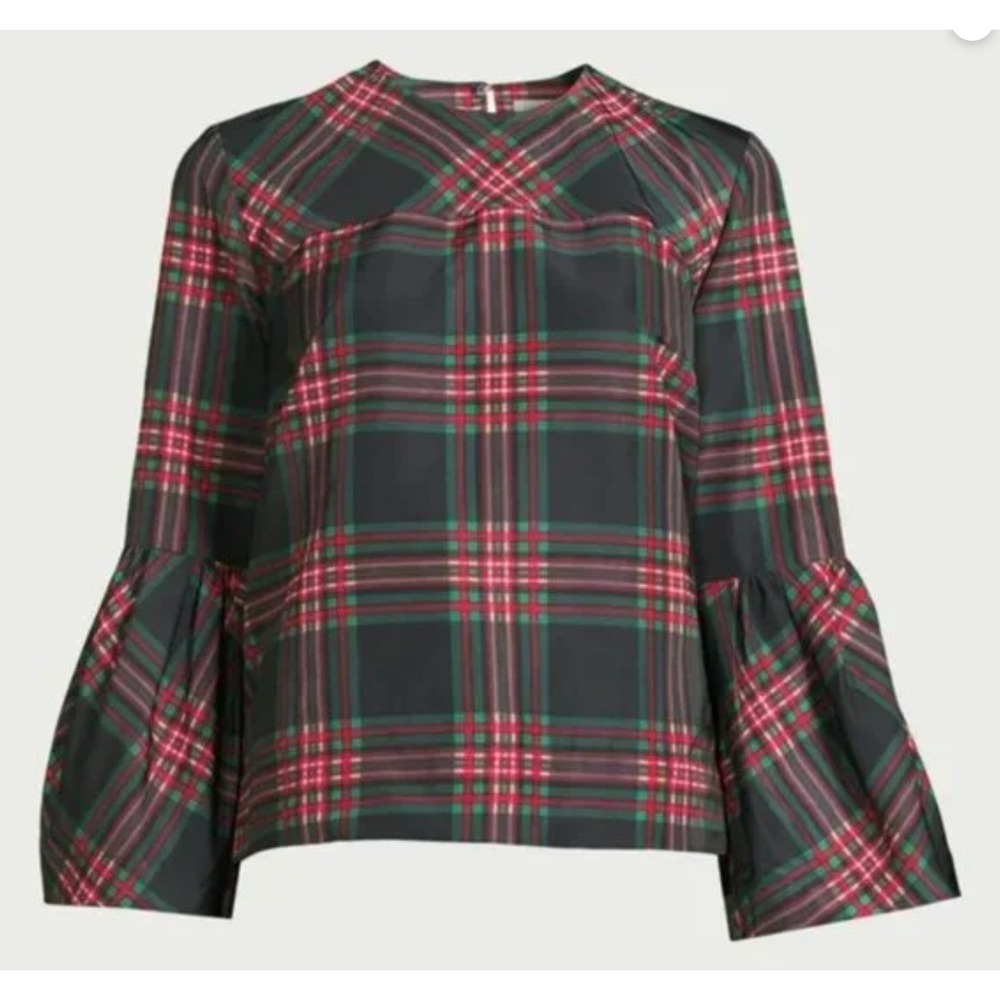 FREE ASSEMBLY Plaid Taffeta Top BELL SLEEVES Christmas Party Vibe RED/GREEN XXXL - Picture 3 of 5